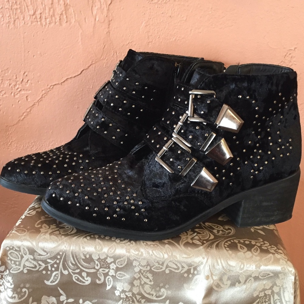 Black Ankle Boots with Silver Buckles and Studs